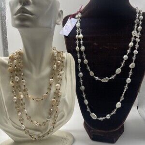 Sakhmani 60” Gray & Champagne Painted Freshwater Pearl Necklaces Set of 2 New